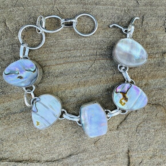 VTG Link Bracelet Size 7.5 MOP Shell Teardrop Cabs 925 Sterling Silver 21.5g - Picture 9 of 12